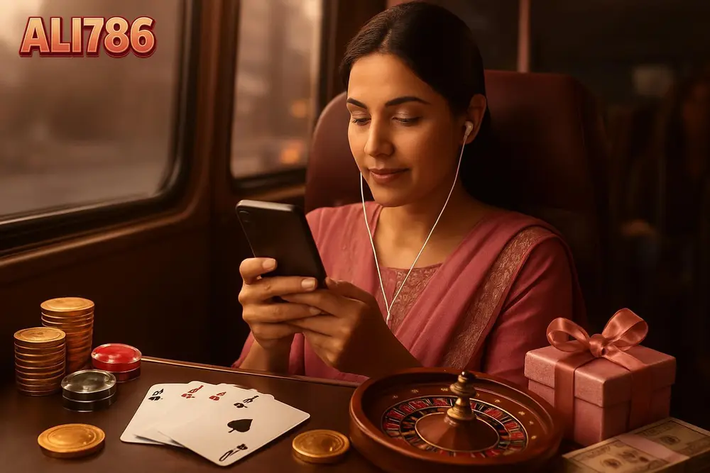 ALI786 app — a Pakistani woman sitting on a bus scrolling through a mobile app on her phone with headphones in her ears