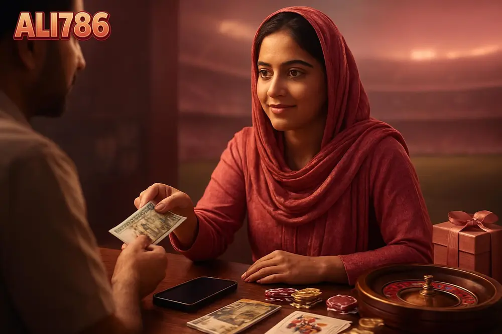 ALI786 deposit — a Pakistani woman at a small shop counter handing cash to a vendor with a mobile phone showing a