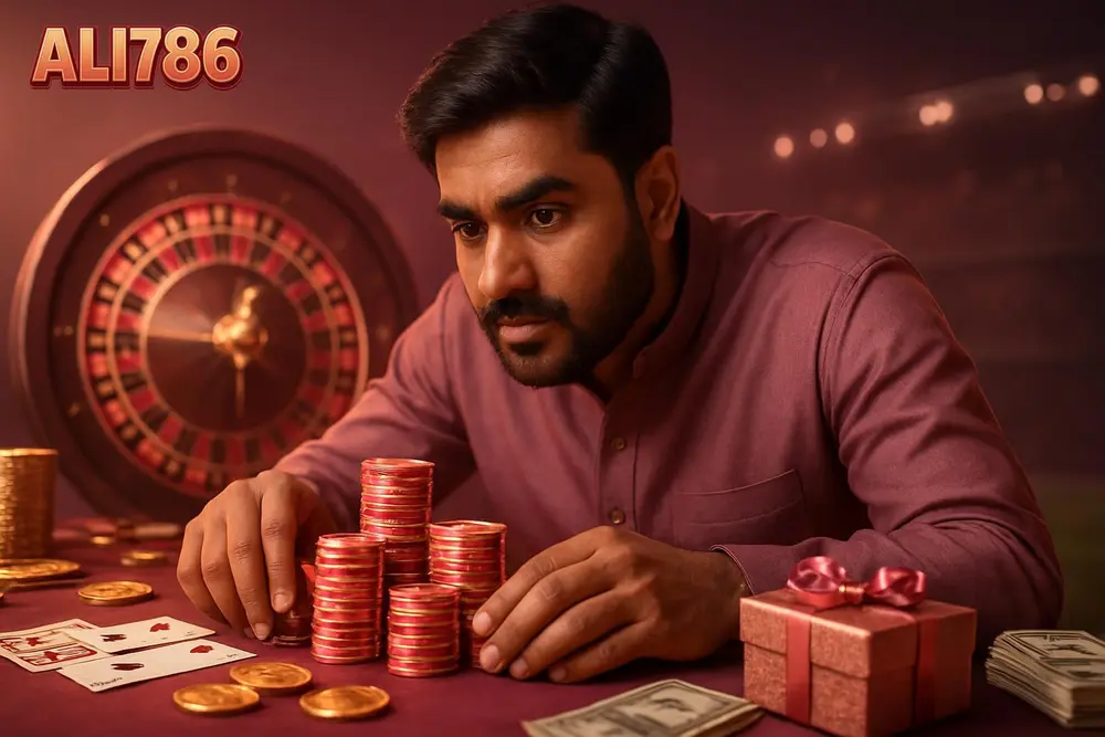ALI786 games — a Pakistani man leaning over a table stacked with glowing chips as a spinning wheel glows in the