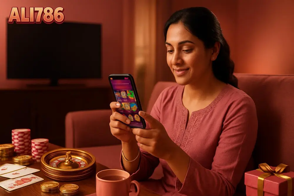 ALI786 Pakistan — a Pakistani woman relaxing at home browsing a colorful gaming app on her smartphone with a cup of