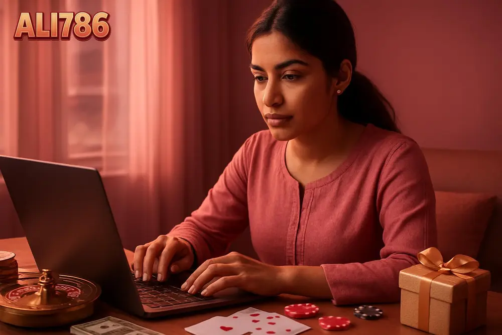 ALI786 login — a young Pakistani woman typing on her laptop keyboard at a small desk near a window with soft evening