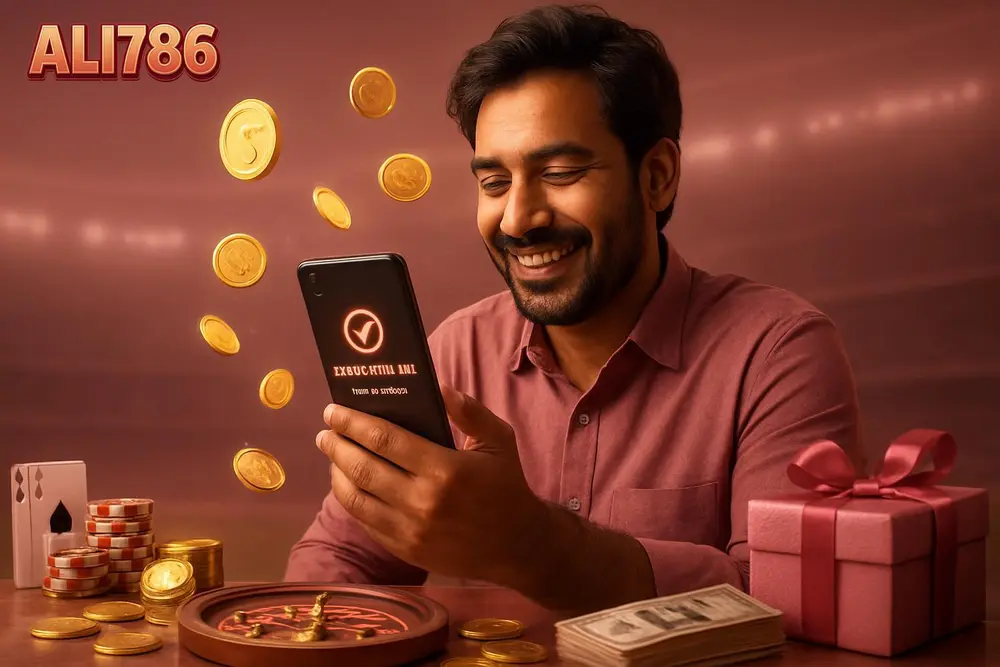 ALI786 withdraw — a Pakistani man smiling while looking at his phone showing a completed withdrawal with glowing